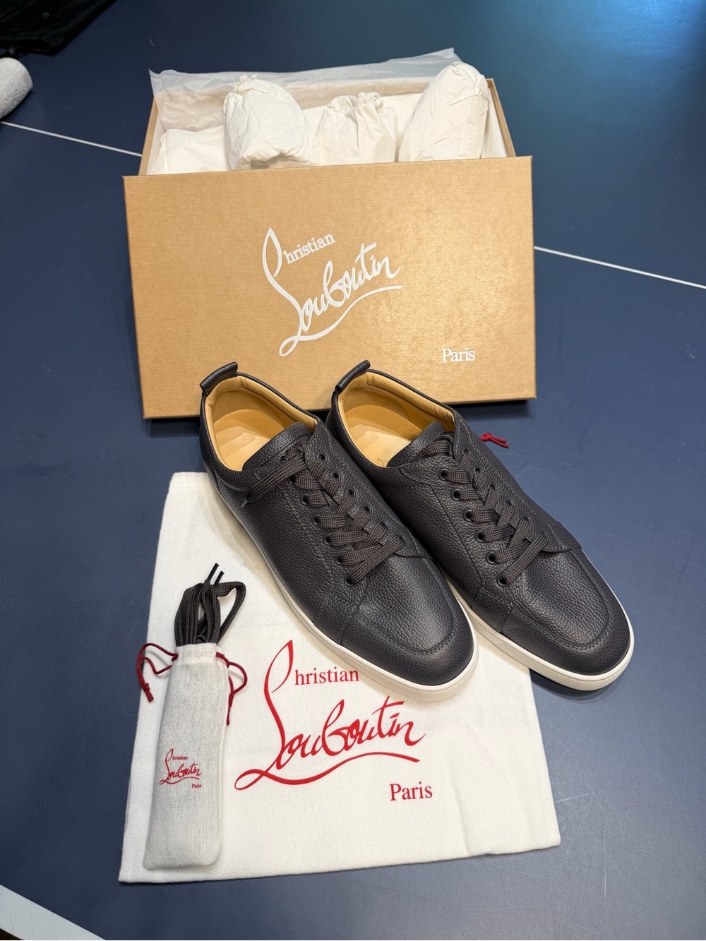 Christian Louboutin Gray Pebbled Leather Low-Top Sneakers with White Sole